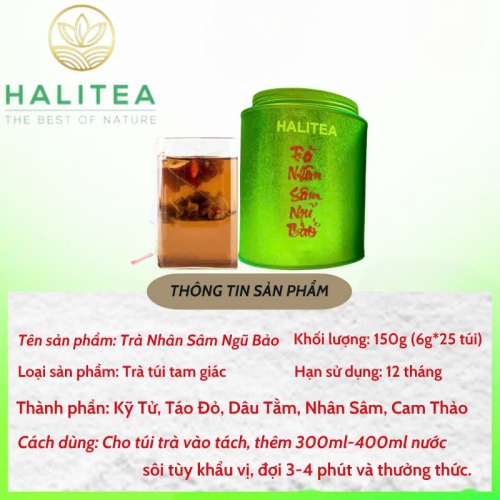 Trà Nhân Sâm Ngũ Bảo HALITEA Túi Tam Giác Hộp Thiếc 150gr/ hộp/ 25 túi 